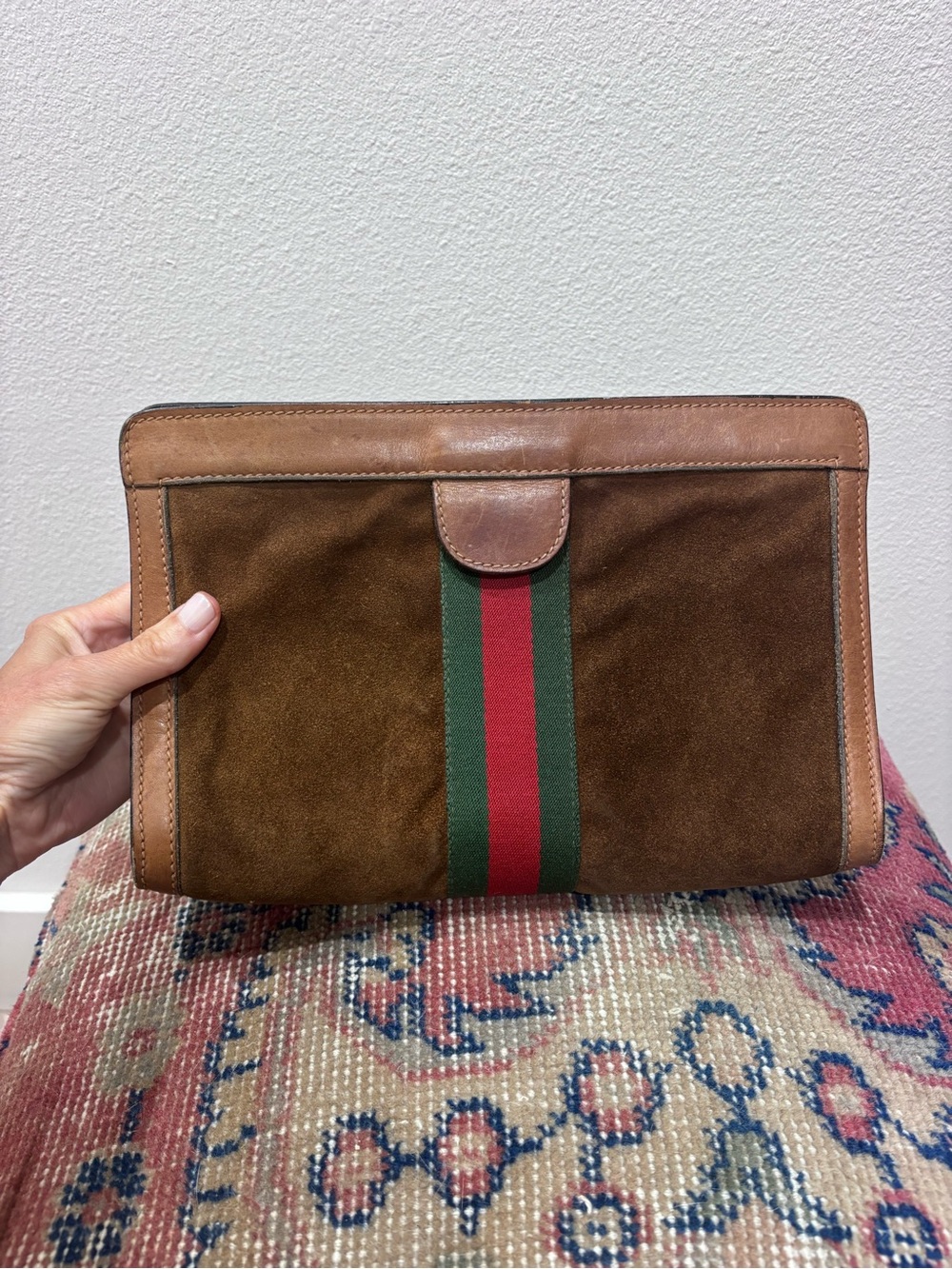Vintage Gucci Sherry Line Brown Suede Leather Clutch Web Stripe